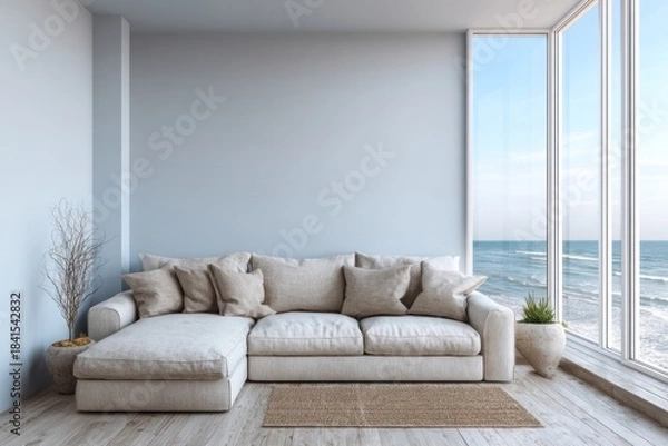 Fototapeta A modern sectional sofa faces a panoramic ocean view through large windows.