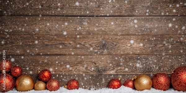Obraz Christmas ornaments arranged on a wooden surface, seasonal decoration for holiday celebration