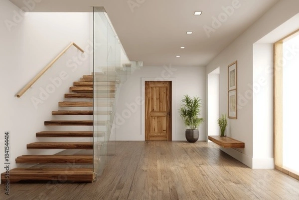 Fototapeta Modern floating staircase with glass railing and wooden accents.