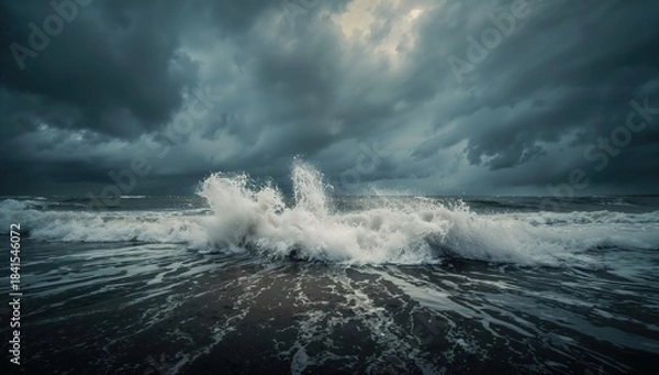 Fototapeta Ocean surface with turbulent water under overcast sky, highlighting shoreline dynamics