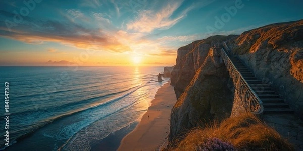 Fototapeta Cliffs with stairs in Landudno, England, UK, highlighting erosion risk and shoreline preservation
