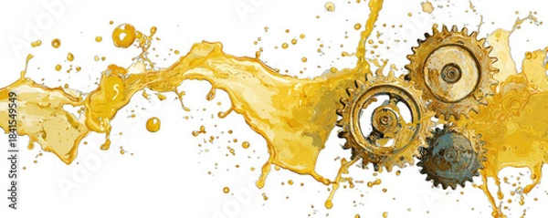 Fototapeta Dynamic liquid splash engulfing intricate interlocking gears