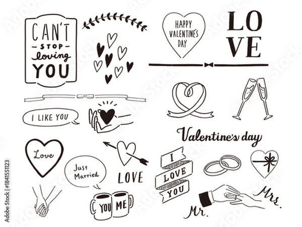 Obraz 手描きのイラスト ハート 結婚 バレンタイン バリエーション 装飾 モチーフ素材 あしらい 白い背景