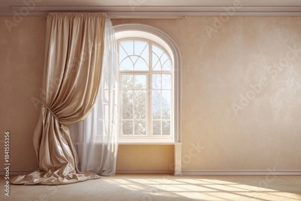 Fototapeta Elegant arched window with draped gold curtains and soft natural light.