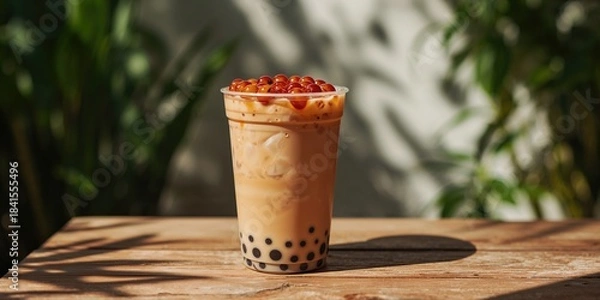 Obraz Plastic glass filled with iced milk tea containing bubbles and brown sugar, used as a beverage background for menu layout