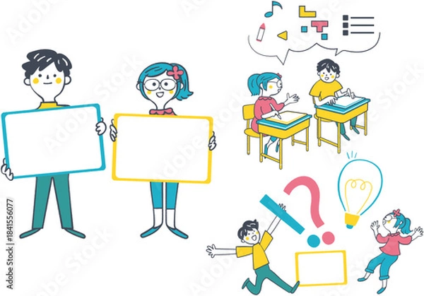 Obraz 青と黄色のアクセントカラーで描かれた、空白のボードを掲げる男女の小学生と、机で議論する学習風景、電球と疑問符による問題解決イメージの手書き風線画イラストセット