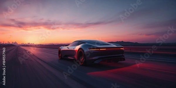Fototapeta High-performance racing vehicle approaching the horizon at sunset, featuring a rugged grunge aesthetic, focusing on velocity and design