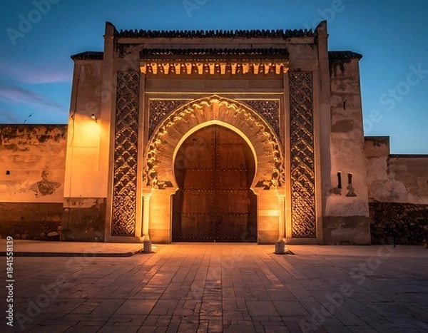 Obraz Elaborate stone archway with intricate patterns under dusky sky, warmly lit