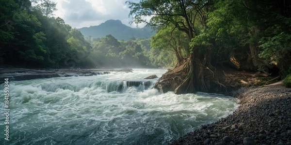 Obraz Ecuador Papallacta Rio Quijos, a vigorous river flowing from the Andes into the Amazon basin, natural water flow and landscape preservation