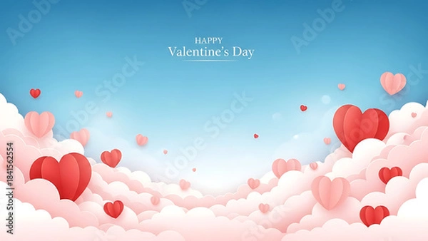 Fototapeta Happy Valentines Day with pink and red hearts floating in clouds