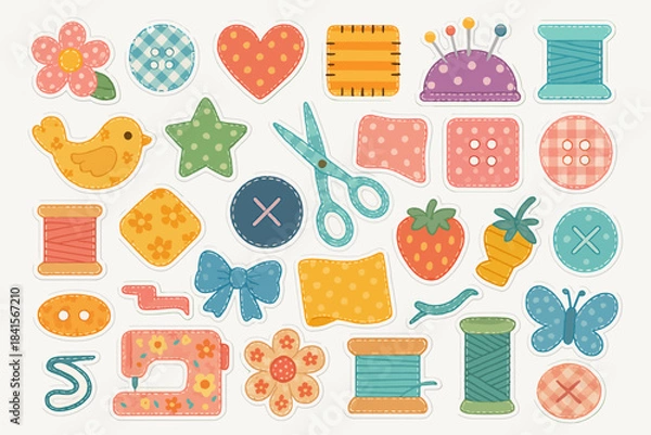 Obraz Colorful sewing craft elements with scissors, buttons, and thread spools