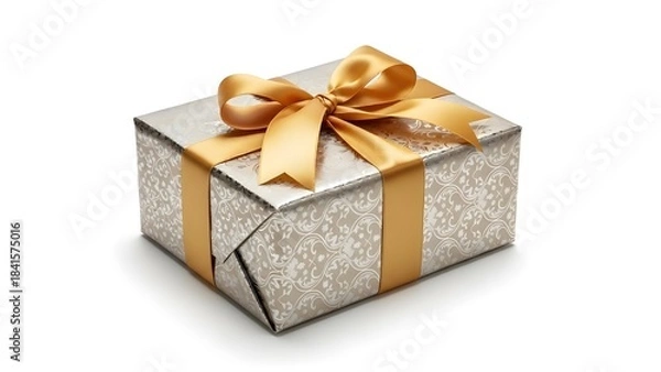 Fototapeta Elegant silver gift box with floral patterns and a golden bow, perfect for festive occasions like birthdays, anniversaries, or holidays.