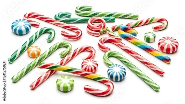 Fototapeta Colorful candy canes and peppermint sweets in festive stripes are arranged on white, evoking cheerful holiday vibes and celebration.