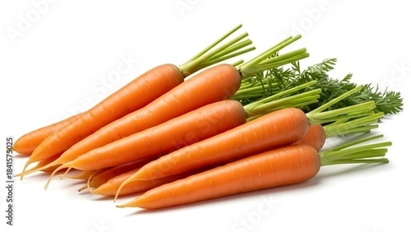 Fototapeta Fresh whole carrots with vibrant orange color and green tops arranged on white, symbolizing health, nutrition, and farm freshness.