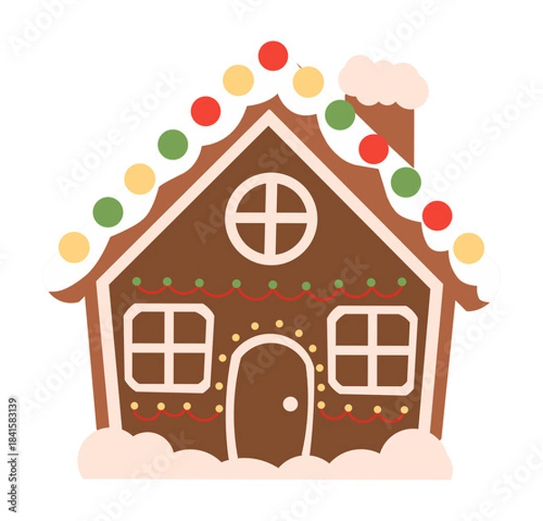 Fototapeta Simple, colorful gingerbread house illustration with Christmas lights and snowy accents.