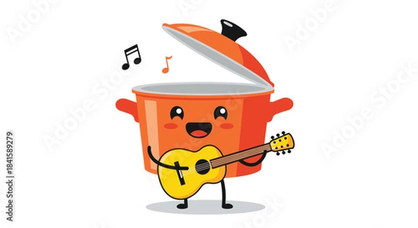 Fototapeta A cute orange cooking pot character with its lid open is happily playing a guitar and singing with musical notes floating around.
