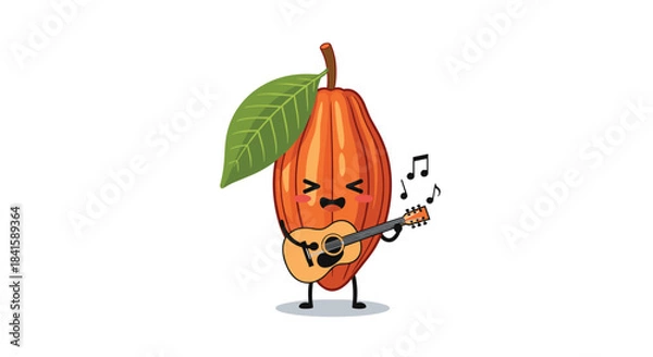 Fototapeta Adorable cacao pod character with a single green leaf happily playing an acoustic guitar and singing with musical notes floating around.