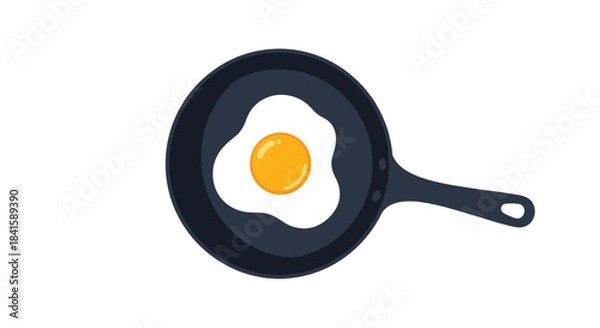 Fototapeta Simple flat design illustration of a perfectly cooked sunny-side-up fried egg sizzling in a black cast iron frying pan.