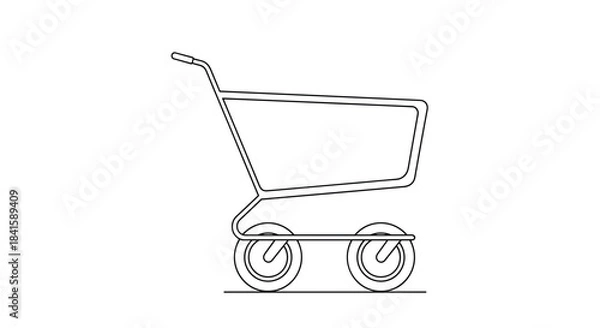 Fototapeta Minimalist continuous line animation of a shopping cart or trolley appearing representing e-commerce retail and consumerism concepts.