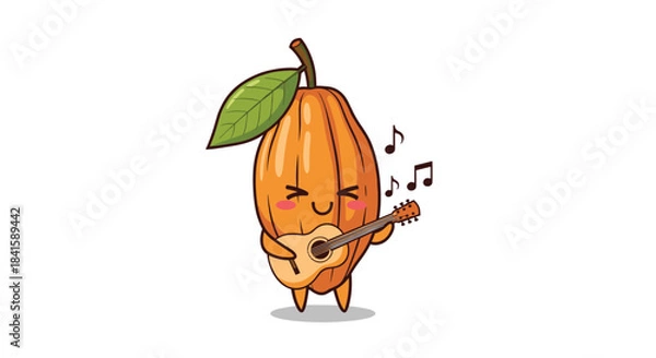 Fototapeta Charming cacao pod character with a green leaf playing a small acoustic guitar and singing happily with musical notes in the air.