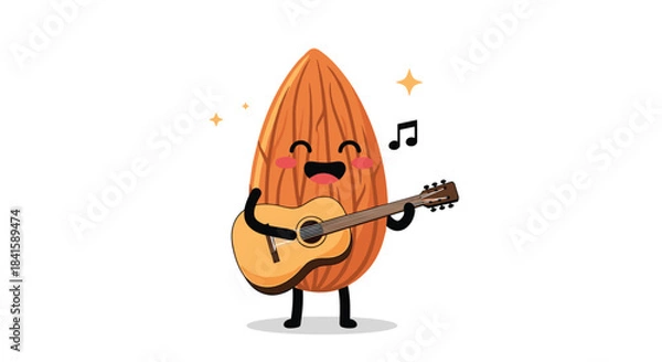 Fototapeta Cute almond nut character with a happy expression playing an acoustic guitar and singing along with a musical note floating nearby.