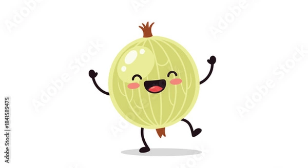 Fototapeta Joyful gooseberry fruit character with a big open-mouthed smile and rosy cheeks dancing happily on an isolated white background.