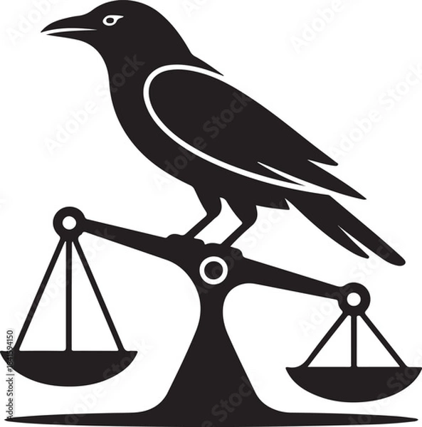 Fototapeta Black crow perched on a balanced scale symbolizing justice and balance