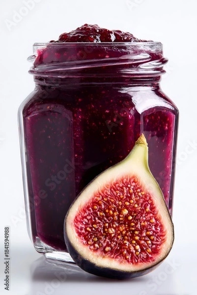 Obraz Fig jam in glass jar with fresh cut fig fruit, preserving sweet natural flavor and homemade healthy food