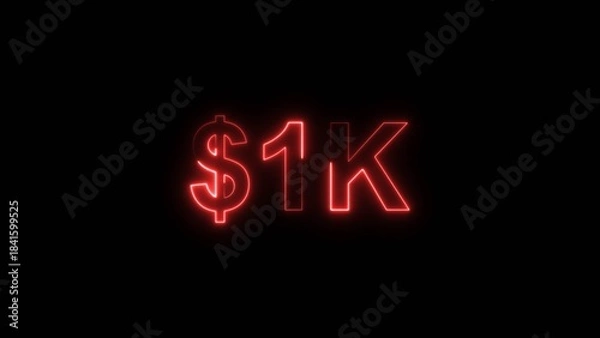Fototapeta Neon line bright 1k followers icon isolated red color 4k illustration on black background. Vibrant neon shiny 1k text red color 4k illustration digits for high-Resolution. 