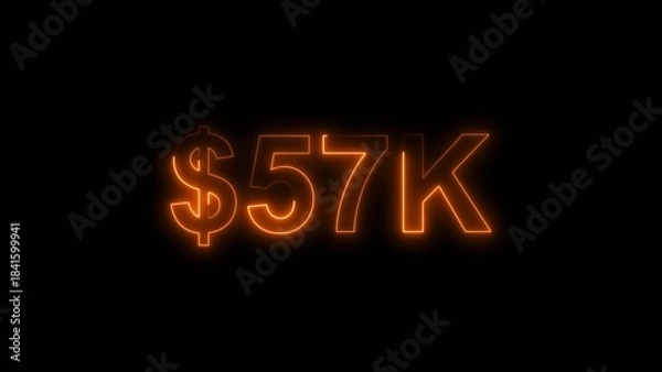 Obraz Neon line bright 57k followers isolated orange color 4k illustration on black background. Vibrant neon shiny 57k text orange  color 4k illustration digits for high-resolution. 