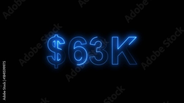 Fototapeta Neon line bright 63k followers isolated royal blue color 4k illustration on black background. Vibrant neon shiny 63k text royal blue color 4k illustration digits for high-resolution. 
