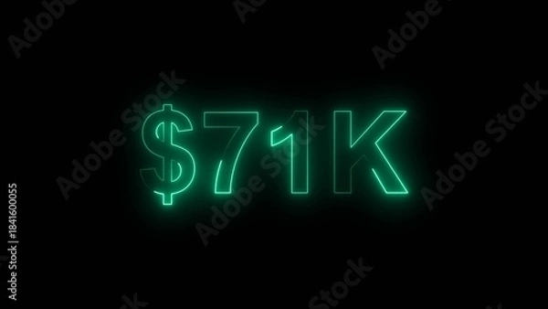 Fototapeta Neon line bright 71k followers isolated turquoise color 4k illustration on black background. Vibrant neon shiny 71k text turquoise color 4k illustration digits for high-resolution. 