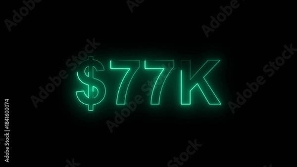 Fototapeta Neon line bright 77k followers isolated turquoise color 4k illustration on black background. Vibrant neon shiny 77k text turquoise color 4k illustration digits for high-resolution. 