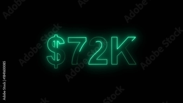 Fototapeta Neon line bright 72k followers isolated turquoise color 4k illustration on black background. Vibrant neon shiny 72k text turquoise color 4k illustration digits for high-resolution. 