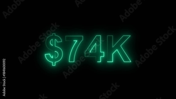 Fototapeta Neon line bright 74k followers isolated turquoise color 4k illustration on black background. Vibrant neon shiny 74k text turquoise color 4k illustration digits for high-resolution. 