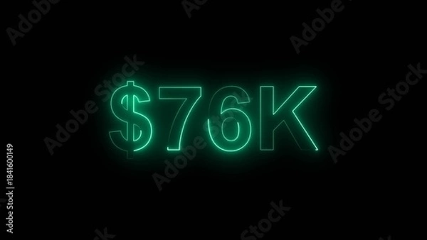 Fototapeta Neon line bright 76k followers isolated turquoise color 4k illustration on black background. Vibrant neon shiny 76k text turquoise color 4k illustration digits for high-resolution. 