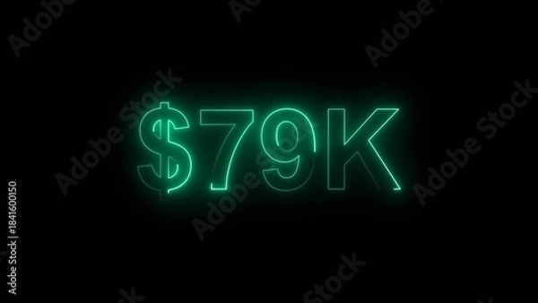 Fototapeta Neon line bright 79k followers isolated turquoise color 4k illustration on black background. Vibrant neon shiny 79k text turquoise color 4k illustration digits for high-resolution. 