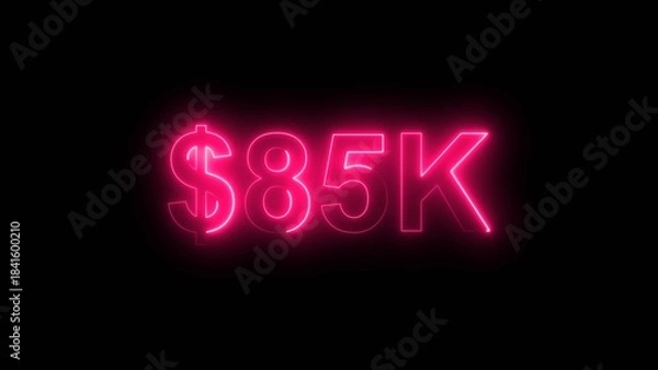 Fototapeta Neon line bright 85k followers isolated magenta red color 4k illustration on black background. Vibrant neon shiny 85k text  magenta red color 4k illustration digits for high-resolution. 