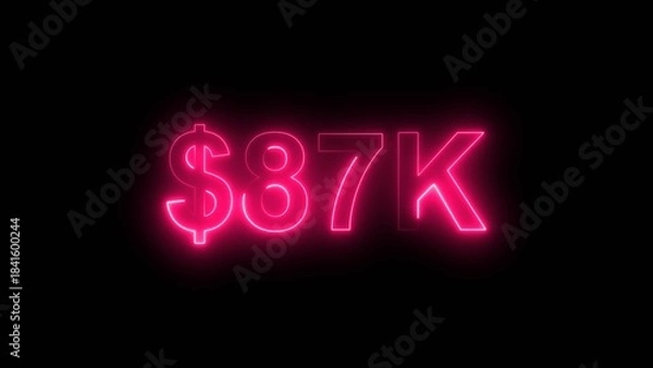 Obraz Neon line bright 87k followers isolated magenta red color 4k illustration on black background. Vibrant neon shiny 87k text  magenta red color 4k illustration digits for high-resolution. 