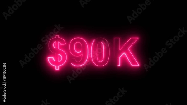 Fototapeta Neon line bright 90k followers isolated magenta red color 4k illustration on black background. Vibrant neon shiny 90k text  magenta red color 4k illustration digits for high-resolution. 