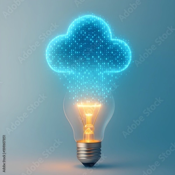 Obraz Creative Light Bulb Idea with Binary Code Cloud Symbolizing Technology and Digital Innovation. Futuristic Abstract Illustration for Business and Cloud Computing.