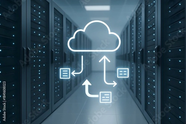 Obraz Cloud Computing Technology Concept with Data Flow in a Futuristic Server Room with Glowing Blue Racks
