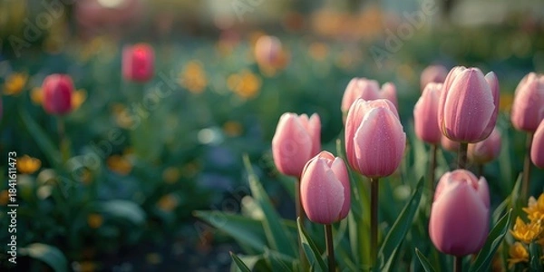 Obraz Blooming pink tulip flowers in late spring, suitable for seasonal garden backdrop
