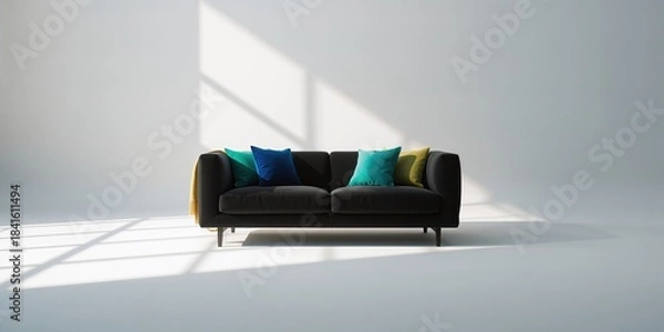 Obraz Black sofa with pillows and blanket, suitable for interior styling, highlighting casual home furnishing, no holiday or observance