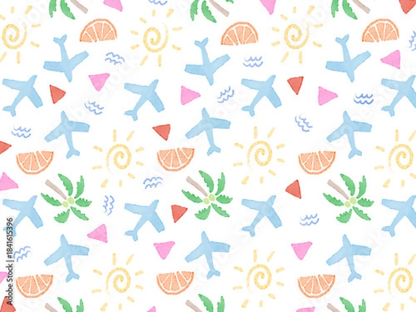 Obraz 白背景に手描きイラストパターン。夏の旅行やビーチ・リゾートのコンセプト。水彩の飛行機とヤシの木