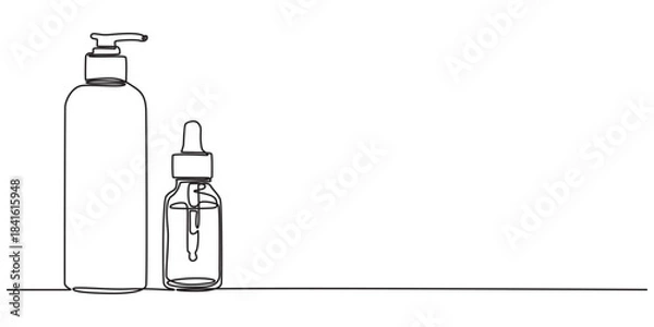 Obraz Continuous one line drawing of cosmetics bottle packaging set. Cosmetic bottles single line vector illustration. Editable line vector, Cosmetic bottle one line continuous. Cosmetic bottle line art.