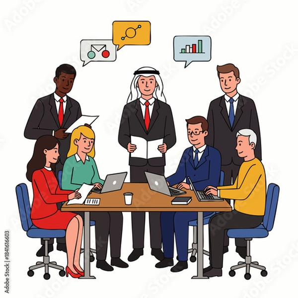 Obraz Diverse group of professionals collaborating in a modern office meeting, discussing business strategies and financial growth.