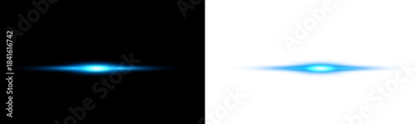 Obraz Png glowing horizontal blue light beam with radiant lens flare and shine.blue Lens Flare Light Effect on Black and White Background
