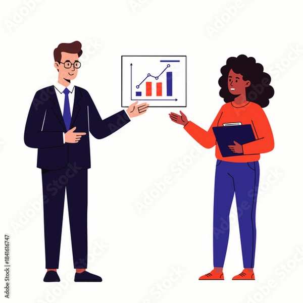 Obraz Two diverse business professionals collaboratively analyze financial data and market trends, presenting a dynamic growth chart during a strategic meeting.