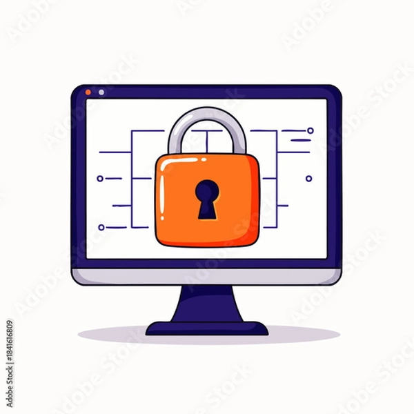 Obraz A modern desktop computer monitor displays a large, stylized orange padlock, perfectly illustrating concepts of cybersecurity, data encryption, and internet safety.